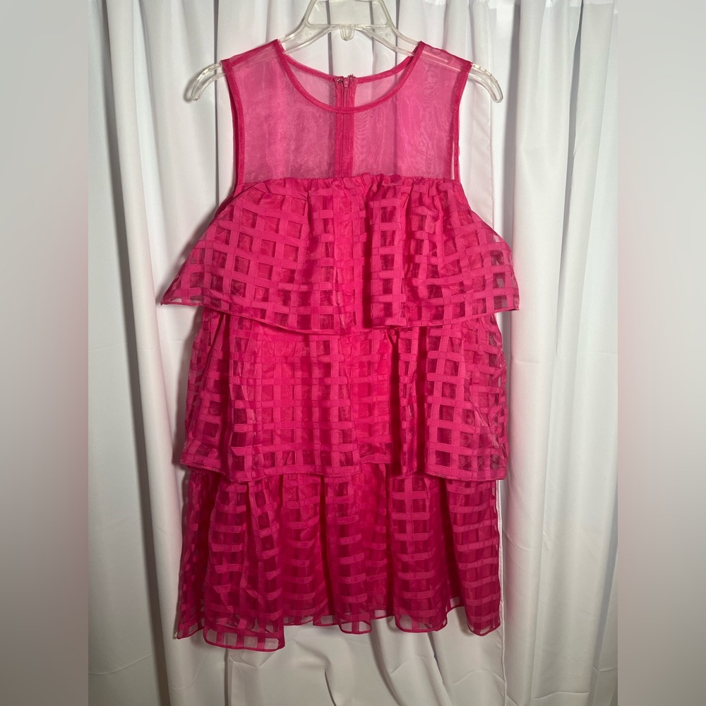 ENGLISH FACTORY Fuchsia Organza Gridded Tiered Sleeveless Mini Dress Sz  M